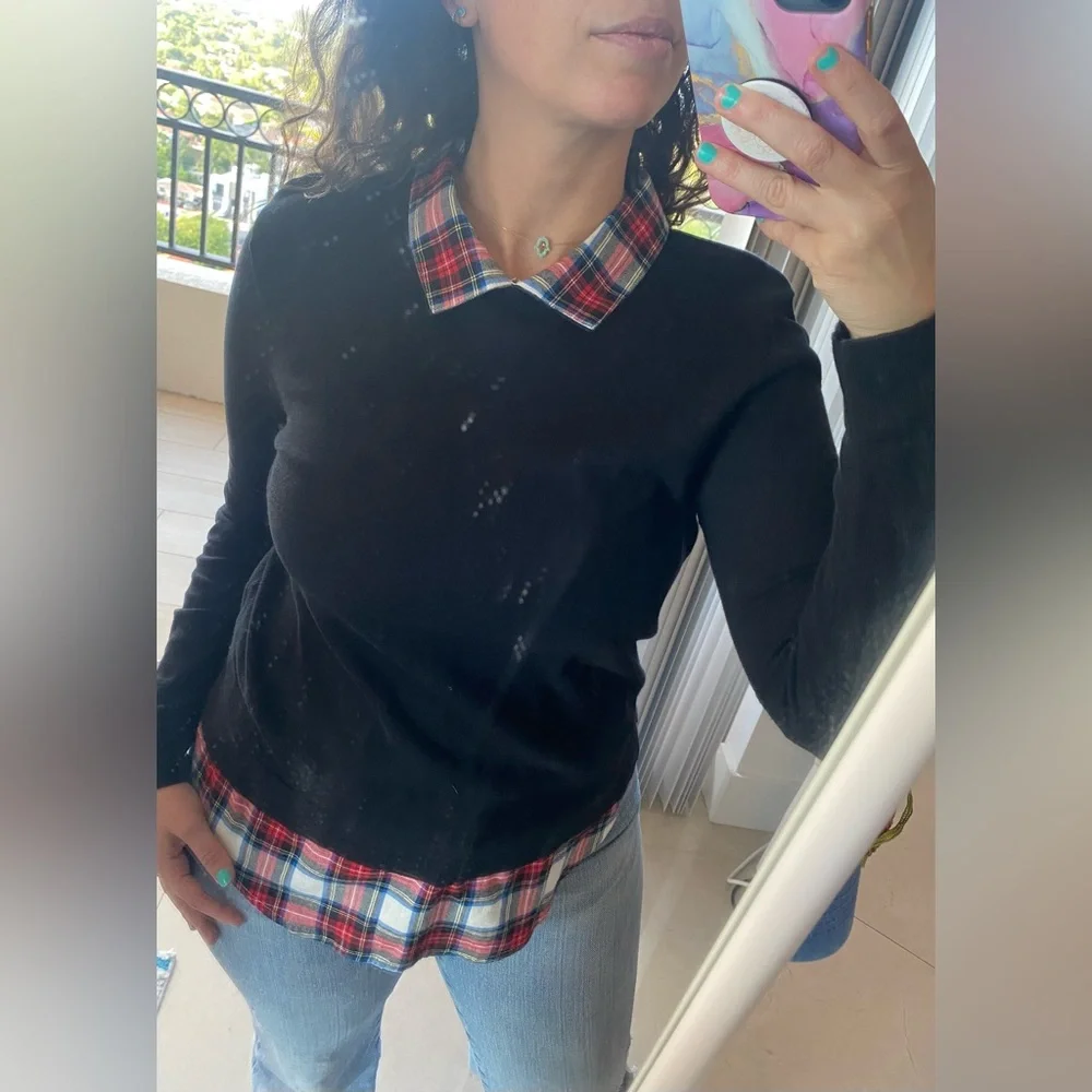 J. Crew Black Top with Red Plaid Collar